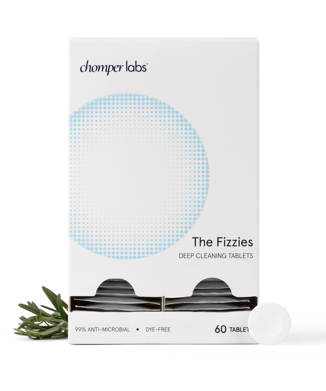 Box of Chomper Labs The Fizzies deep cleaning tablets for night guards and retainers with opening on the bottom to allow single tablet to dispense