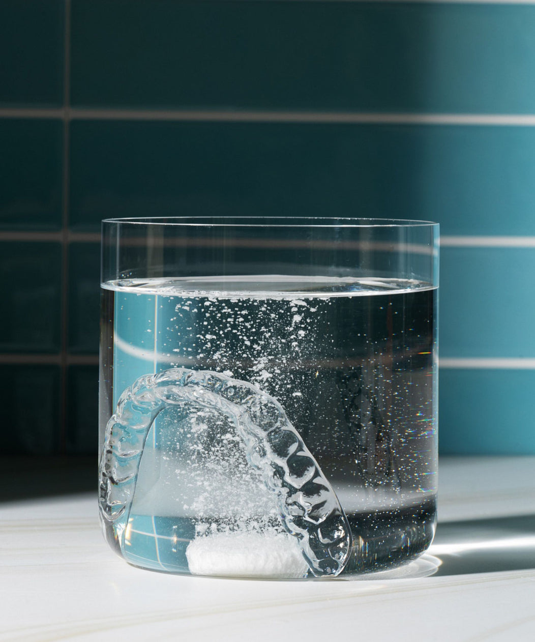 Clear glass of water with Chomper Labs The Fizzies cleaning tablet fizzing while cleaning a retainer night guard against a blue tiled wall.
